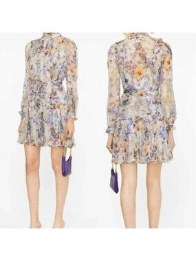 NEW Zimmermann Tama Ruffled Details Floral Print Mini Dress Purple Size: 2